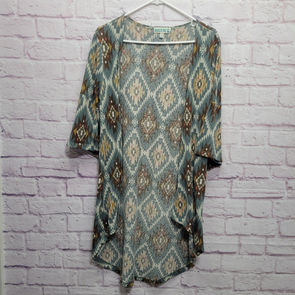 Rockin C Aztec‎ Cardigan Sweater Size S Western Boho Geometric Short Sleeve Knit